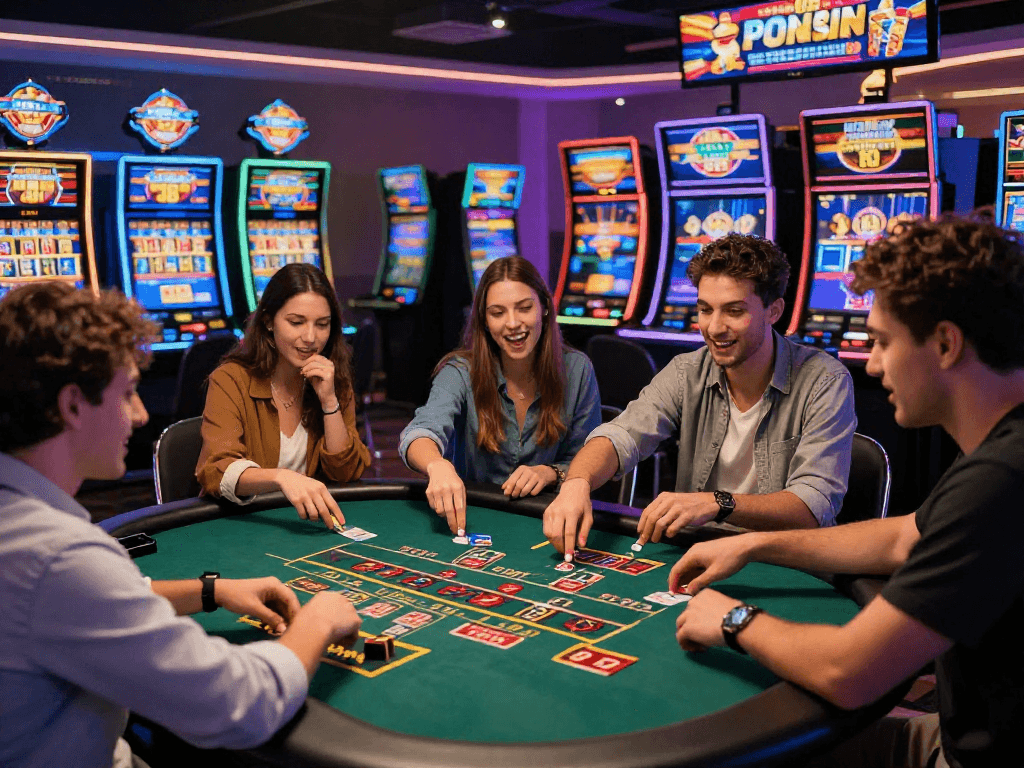 Scène de casino en ligne avec des amis jouant à des jeux de table, excitants et lumineux, capturant la convivialité et le plaisir de jouer.