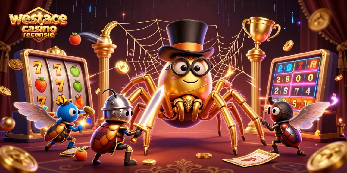 Beoordel de westace casino recensie met een kleurrijke en dynamische 3D illustratie van gokkasten.