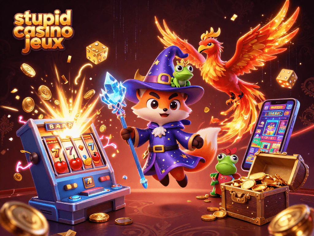 Explorez les jeux Stupid Casino avec une illustration dynamique alliant magie et jackpots.
