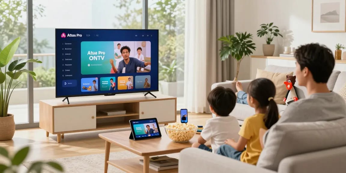 Une famille profitant d'Atlas Pro ONTV sur Smart TV dans un salon accueillant.