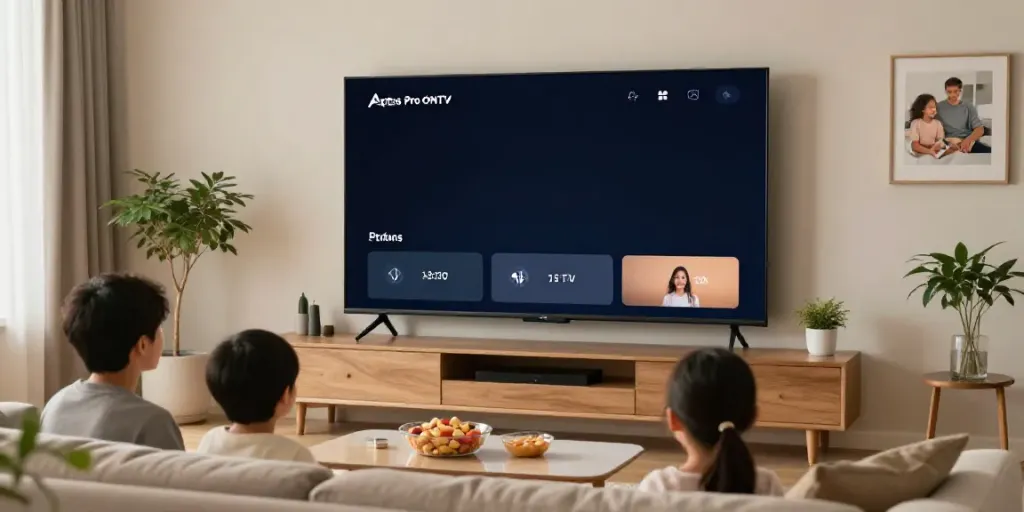 Famille regardant Atlas Pro sur écran large dans un salon moderne.