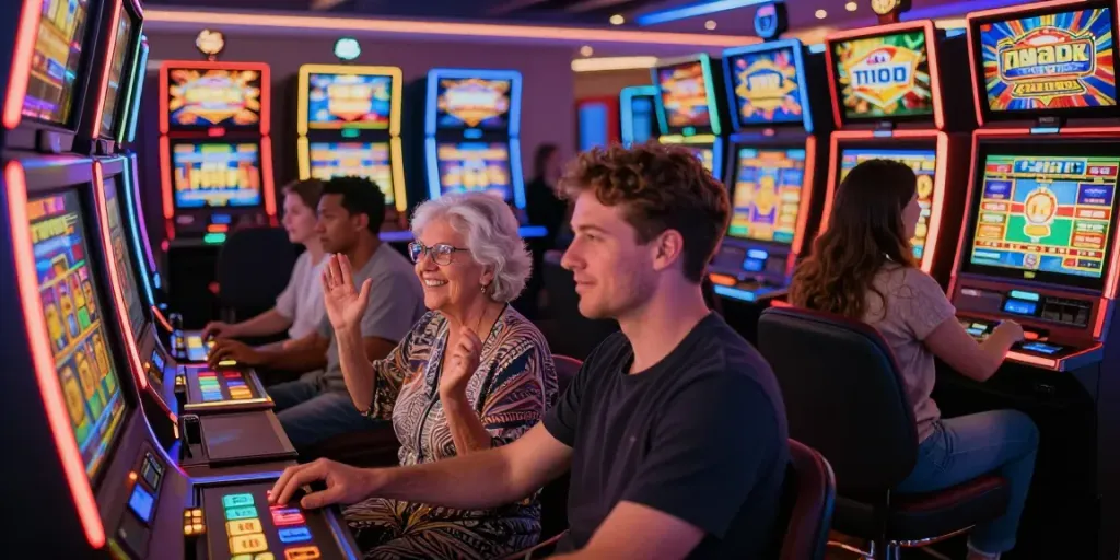 Pengunjung kasino menikmati permainan slot yang beragam dan penuh warna.