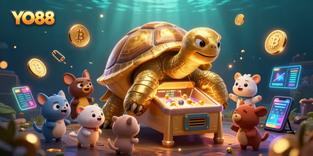 Engage with YO88's dynamic gaming experience featuring a colossal pinball tortoise amidst vibrant crypto elements
