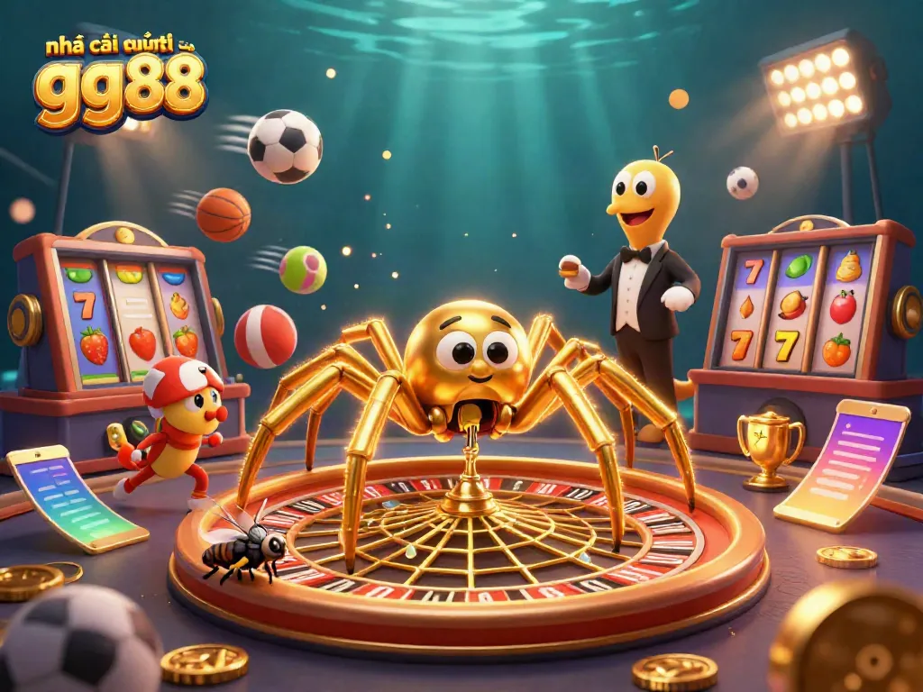 Engage with the excitement of nhà cái quốc tế gg88 as the golden spider spins a roulette wheel amidst lively casino elements.