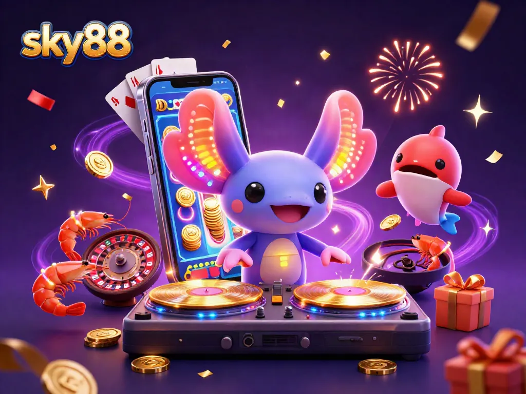 Experience the excitement of sky88 with vibrant 3D characters and captivating casino elements in this illustration.