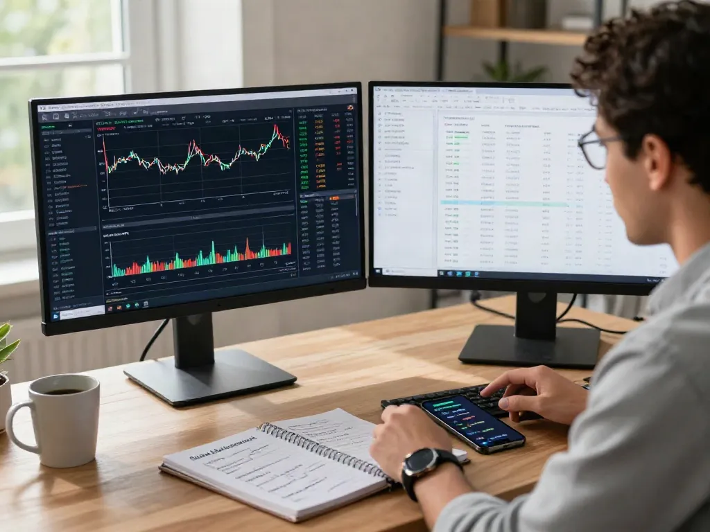 Interface d'essor invexaro en cours d'analyse par un trader dans un bureau moderne.