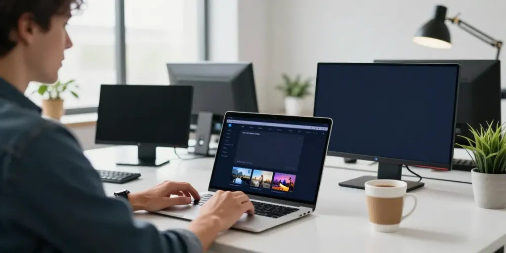 Téléchargement de l'application Atlas Pro IPTV sur ordinateur dans un bureau moderne