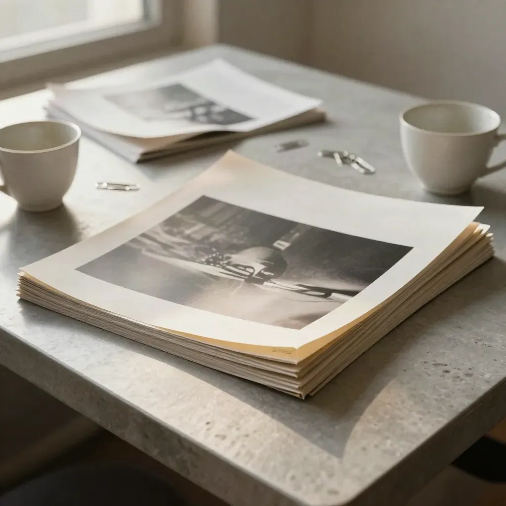 Table de rédaction avec feuillets retournés, épreuves photo, trombones et tasse refroidie.