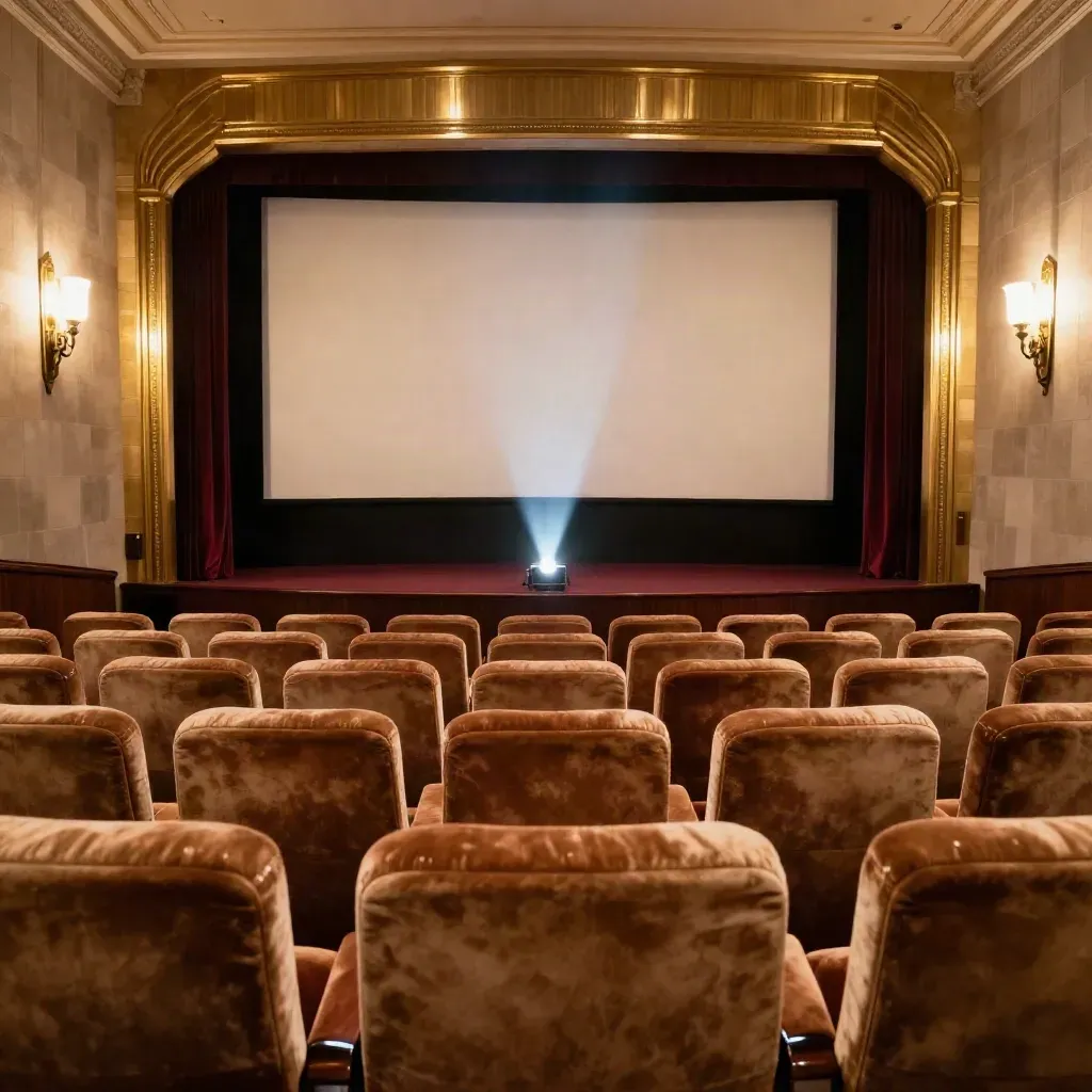 Salle de cinéma art déco vide, faisceau du projecteur et fauteuils en velours.