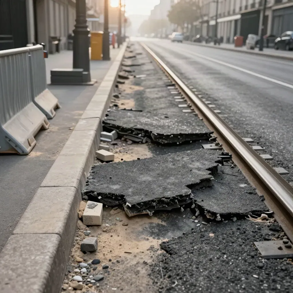 Boulevard parisien en chantier, rails de tram visibles, bordures neuves sous un ciel couvert.