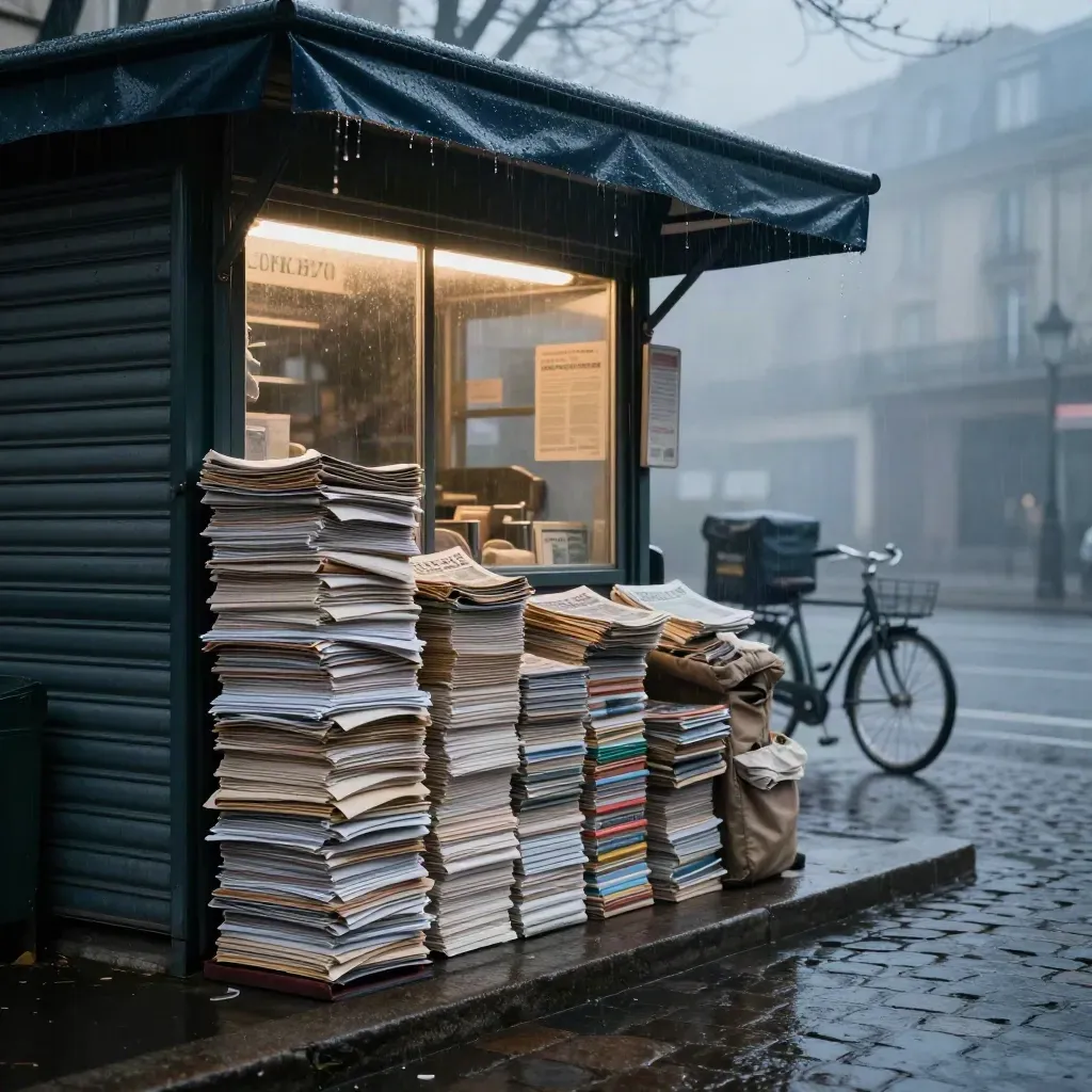 Kiosque de presse parisien fermé sous la pluie, piles de papiers et vélo flou au fond.