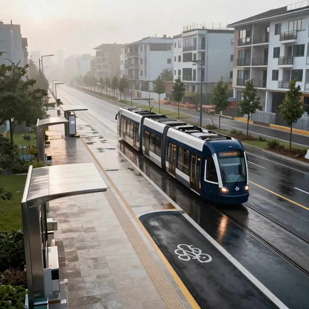 Station de tram neuve, avenue mouillée, premier tram du matin dans la brume.