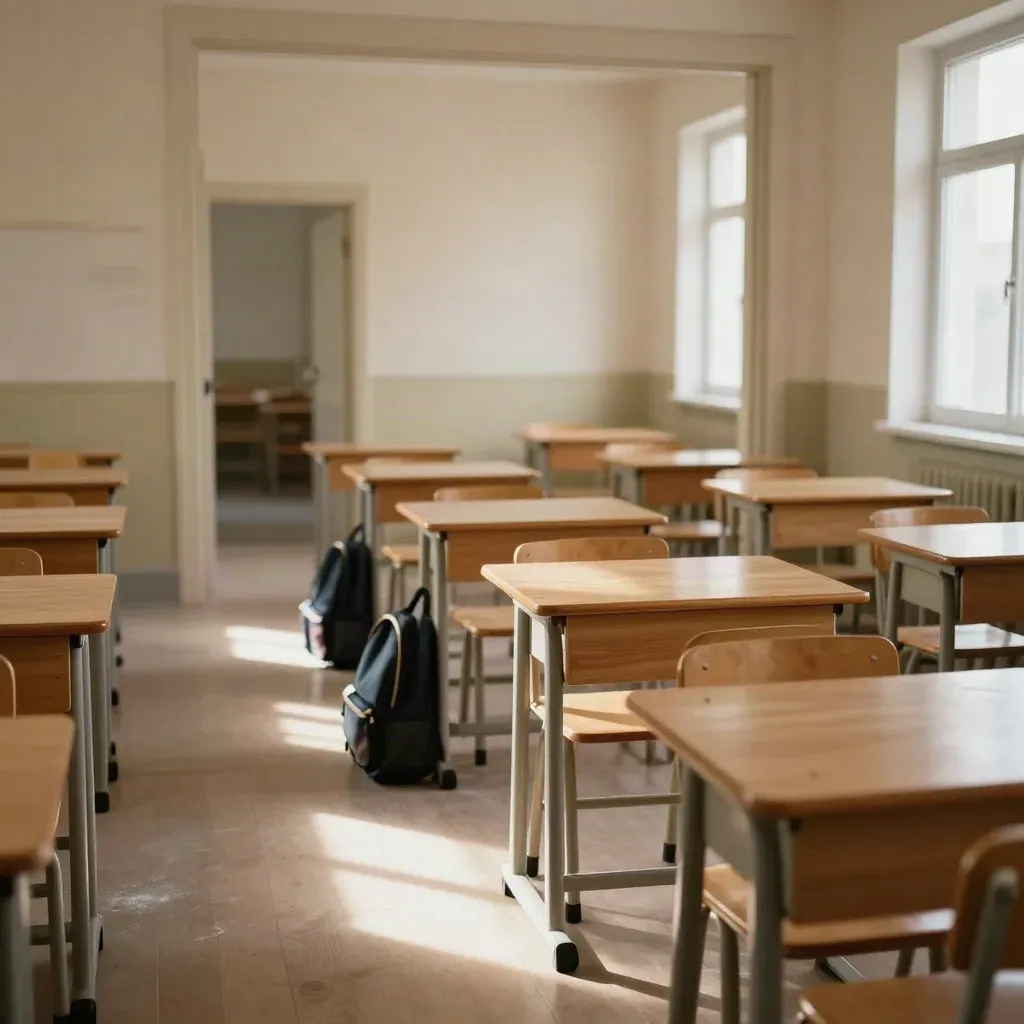 Salle de classe vide, tables en bois, sacs alignés, porte ouverte, lumière du matin.