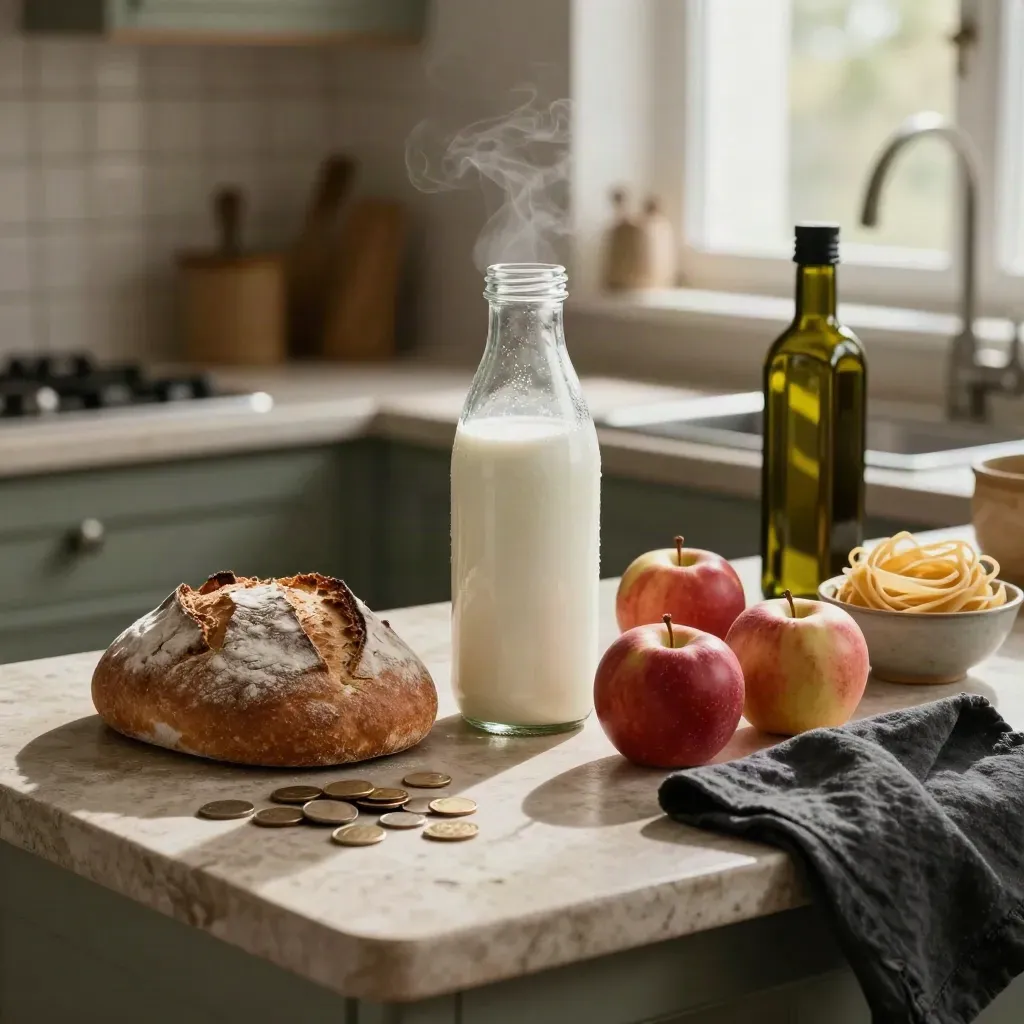 Plan de travail avec pain, lait, pommes, pâtes, huile d’olive et pièces après le marché.