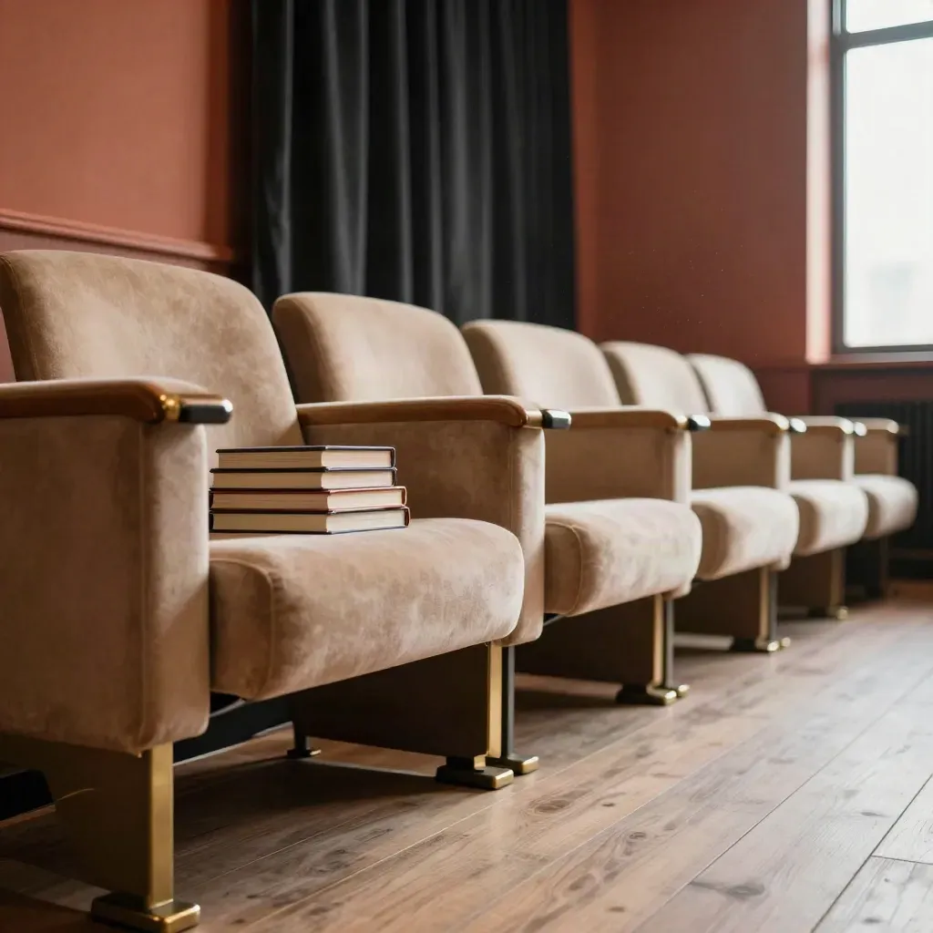 Foyer de cinéma indépendant, fauteuils, livres et rideau en mouvement sous une lumière chaude.