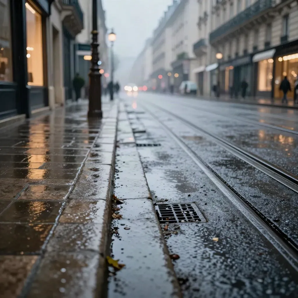 Boulevard parisien sous la pluie, rails brillants et reflets de phares.