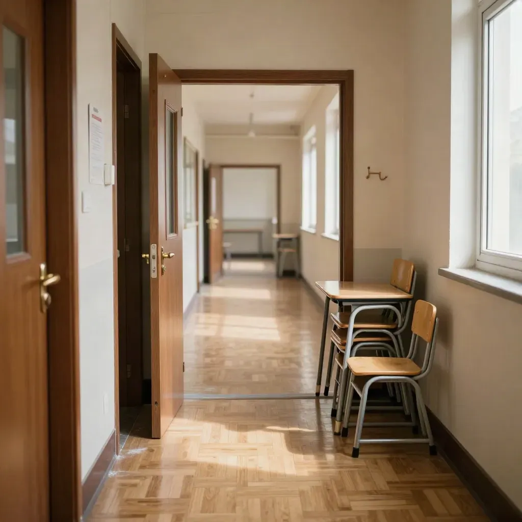 Couloir d’école vide, portes entrouvertes, chaises empilées et parquet clair dans une lumière douce.