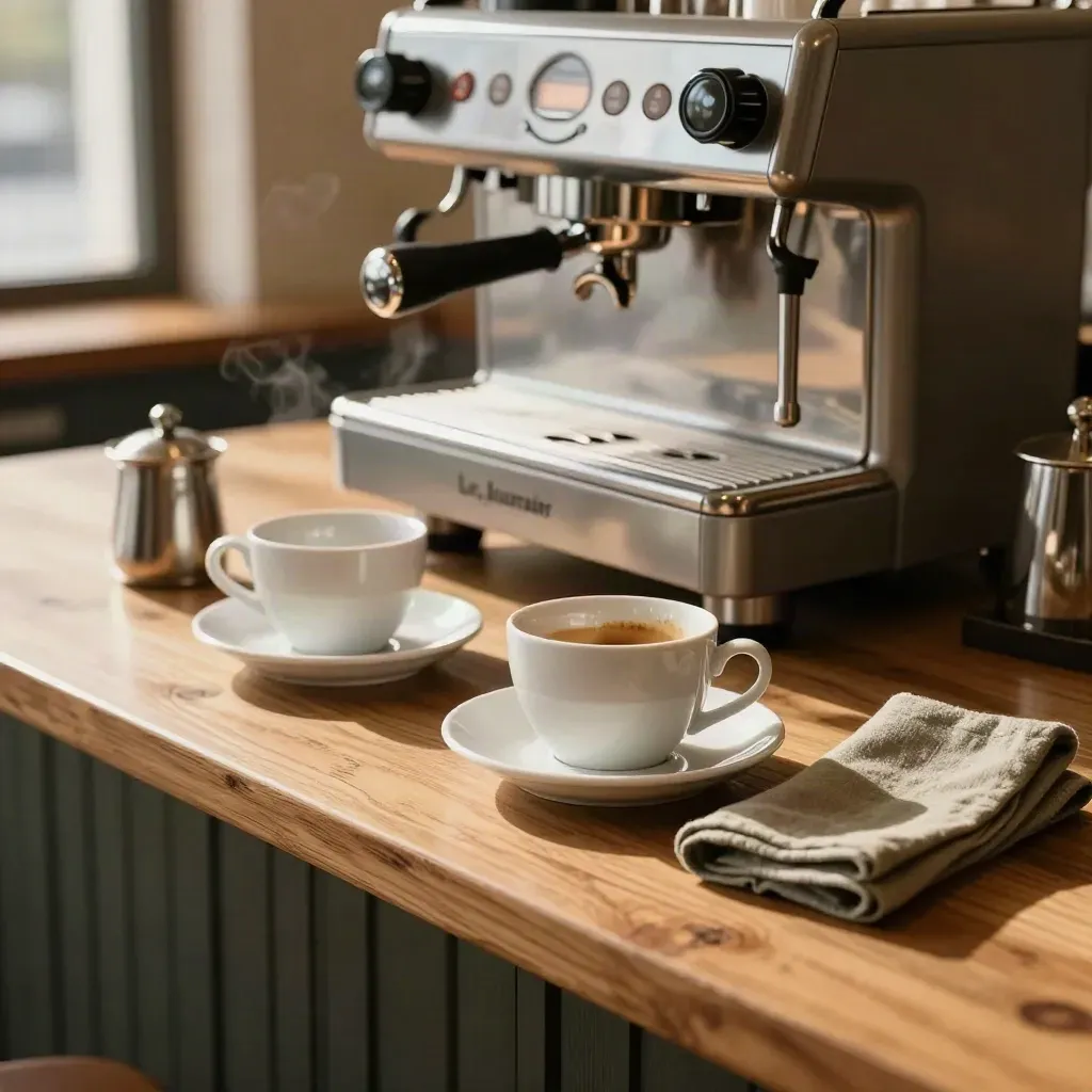 Comptoir de café avec machine chromée, tasses vides, soucoupes et légère vapeur.