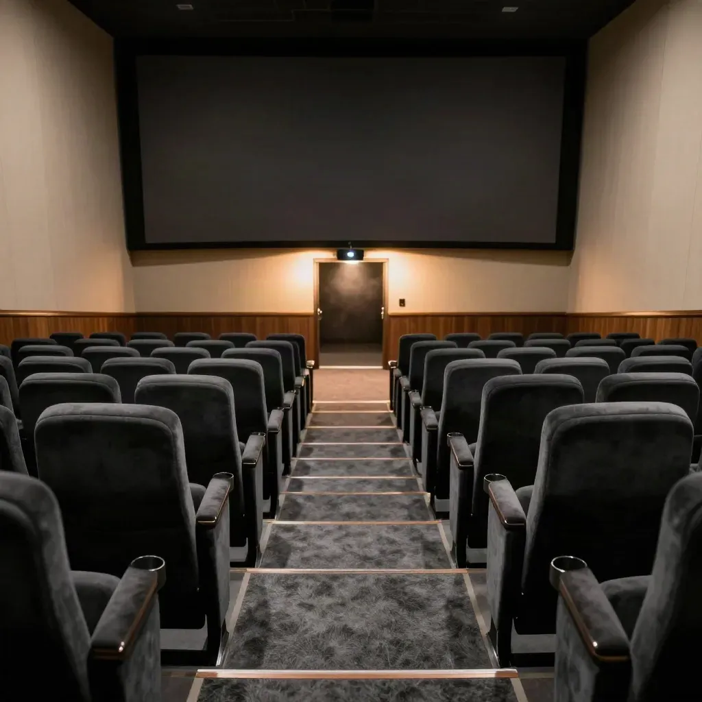 Salle de cinéma vide après la séance, écran noir et lueur de sortie au fond.