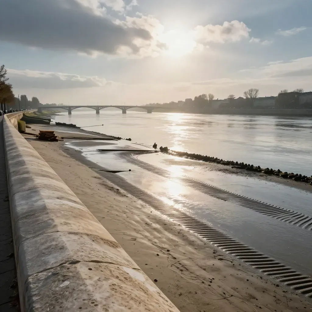 Quais de Bordeaux rive gauche à marée basse, avec pierre claire, Garonne et brume.