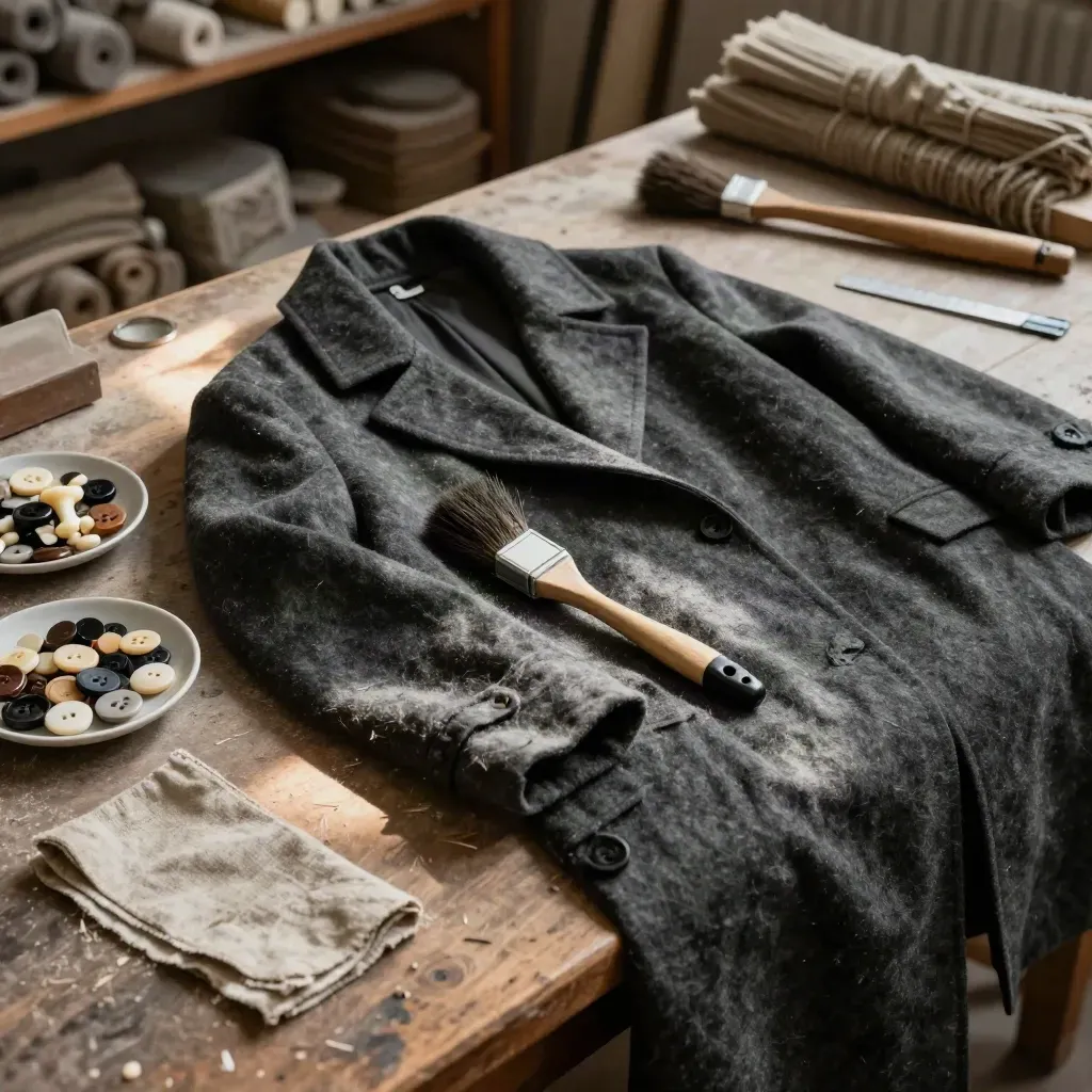Table d’atelier avec manteau de laine, brosse, boutons triés et tissu, baignée de lumière douce.