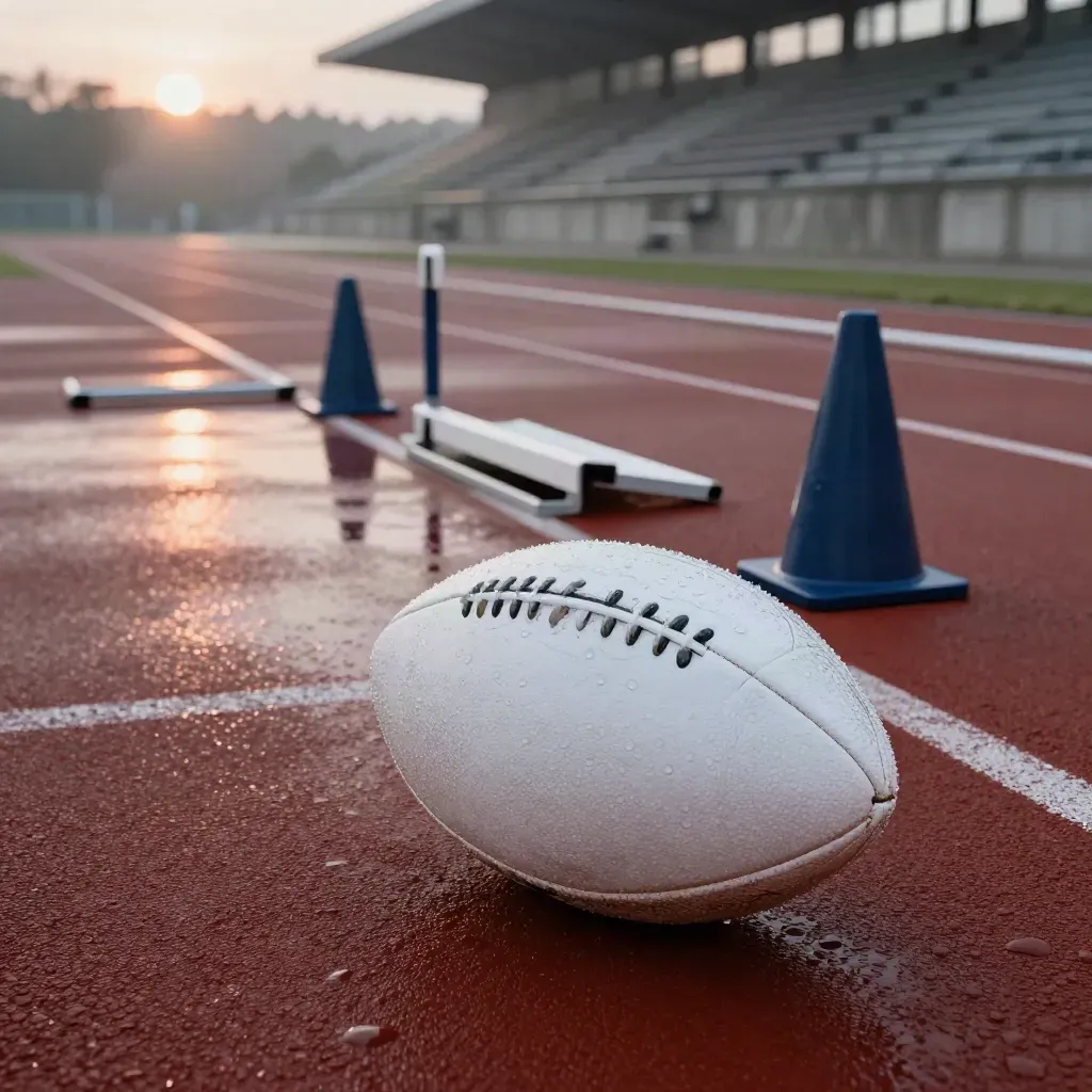 Ballon et cônes sur piste d’athlétisme mouillée, dans la brume du matin
