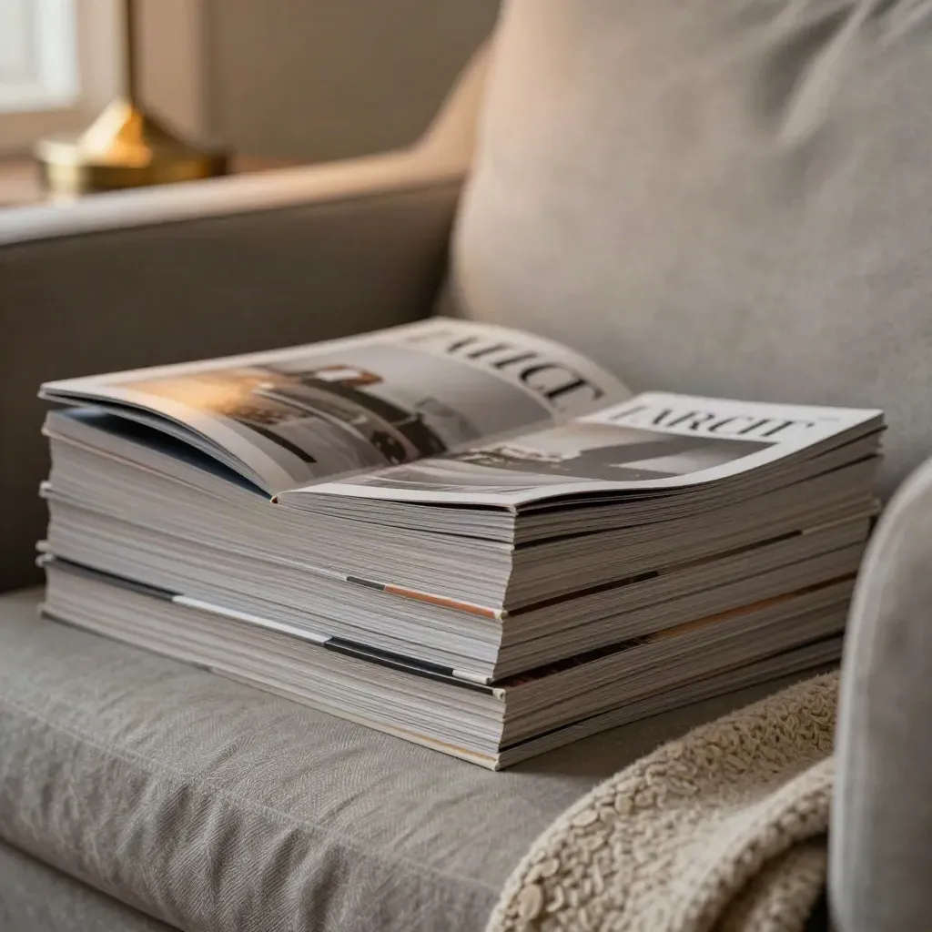 Pile de magazines face cachée sur fauteuil neutre, lampe douce et ambiance ambrée.