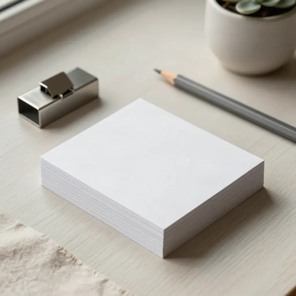 Cartes blanches, crayon graphite, presse-papier et petite plante sur bois clair.