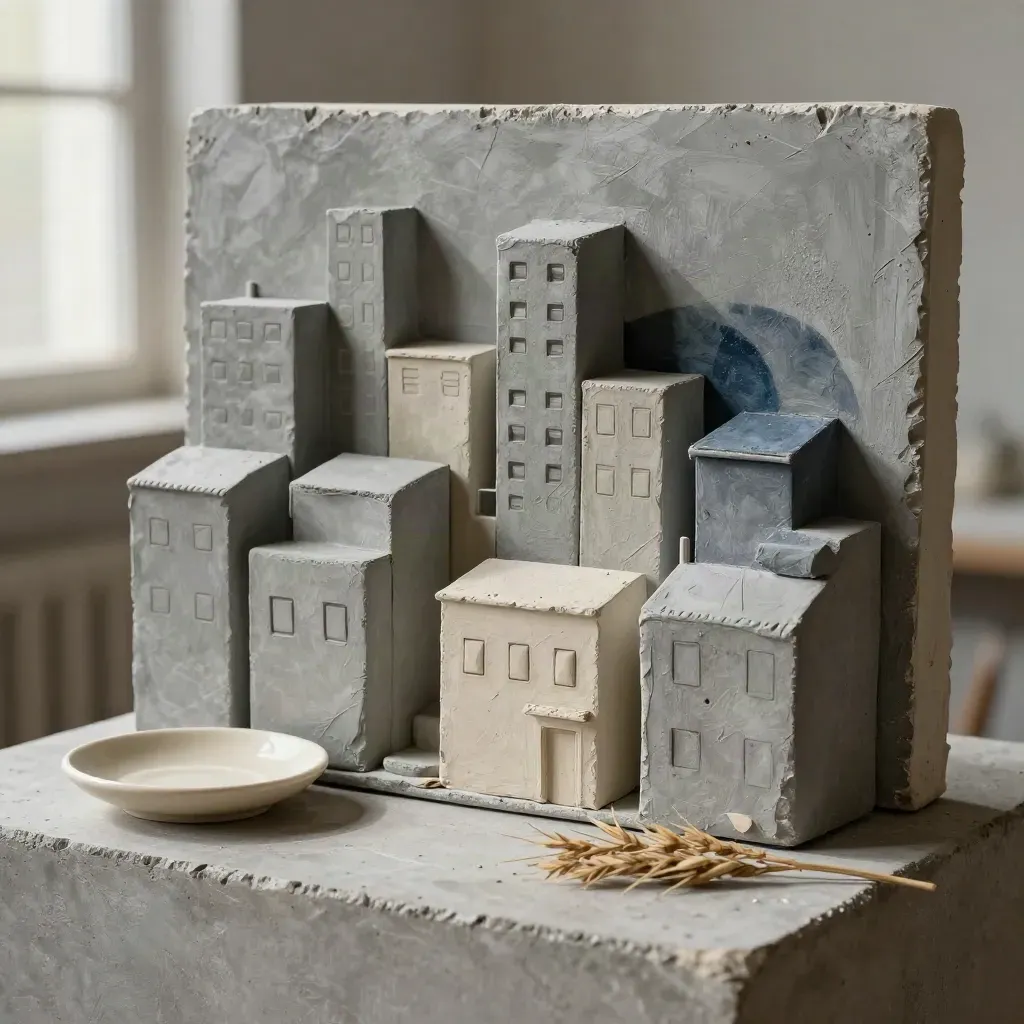 Maquette de quartier en plâtre avec coupelle en céramique et herbe sèche sur fond clair.