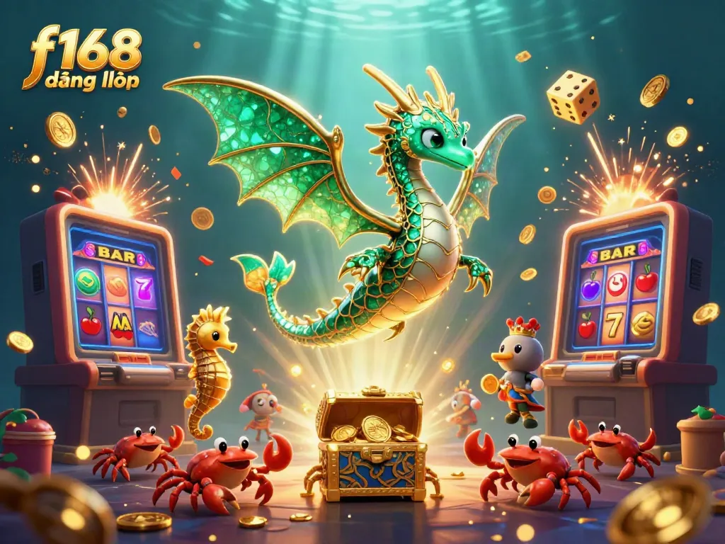 Play vibrant casino games with f168 đăng nhập, showcasing a thrilling jackpot scene with a sea dragon and treasure.