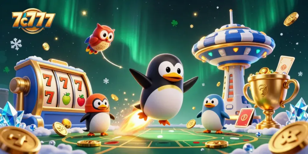 Experience thrilling moments at 7c777 with a golden penguin and vibrant casino elements.