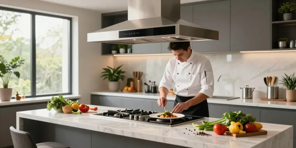 Hotte d'îlot central dans une cuisine moderne avec un chef préparant un plat.